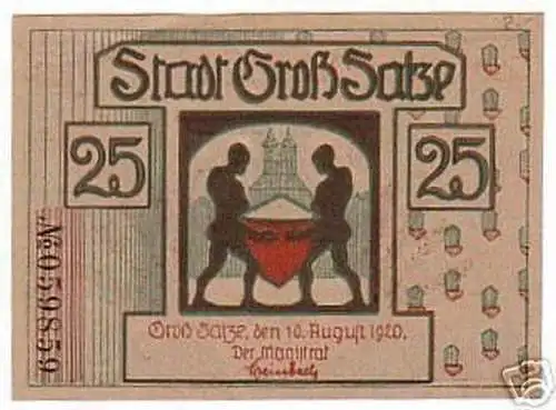 25 Pfennig Banknote Notgeld der Stadt Groß Salze 1920