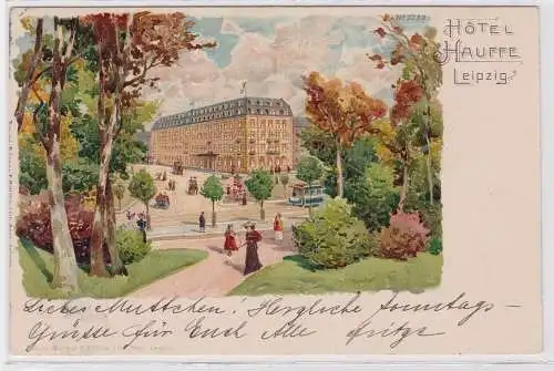 87256 AK Hotel Hauffe Leipzig davor Park-Partie mit Kutschen & Straßenbahn 1903