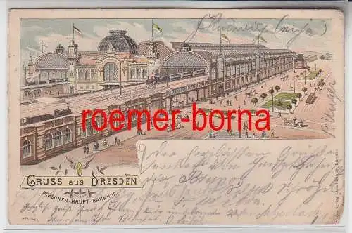 77773 Ak Lithografie Gruss aus Dresden Personen-Haupt-Bahnhof 1898