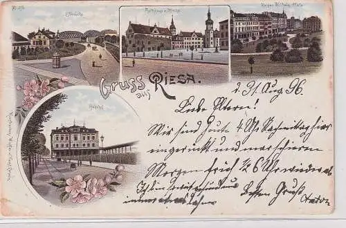 47966 Lithographie Ak Gruss aus Riesa - Elbbrücke, Rathaus m. Kirche usw. 1896