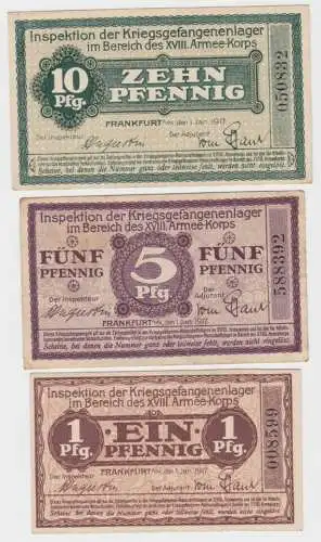 3 Banknoten Kriegsgefangenenlager 1917 XVIII.Armeekorps Frankfurt a.M. (140304)