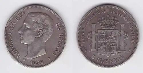 5 Pesetas Silber Münze Spanien Amadeo I. 1876 (154803)