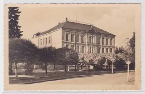 905751 Ak Grüna - Schule, Straßenansicht mit Allee