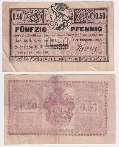 50 Pfennig Banknoten Notgeld Stadt Lennep 31.3.1919 (168452)