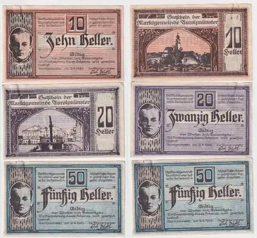 3 Banknoten 10 bis 50 Heller Notgeld Gemeinde Aurolzmünster 1920 (168410)