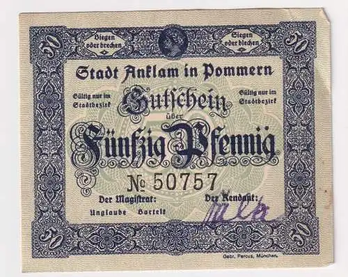 50 Pfennig Banknoten Notgeld Stadt Anklam in Pommern  (168488)