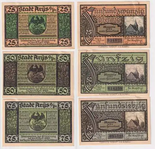 25,50 & 75 Pfennig Banknoten Notgeld Stadt Arys in Ostpr. 1921 (168418)