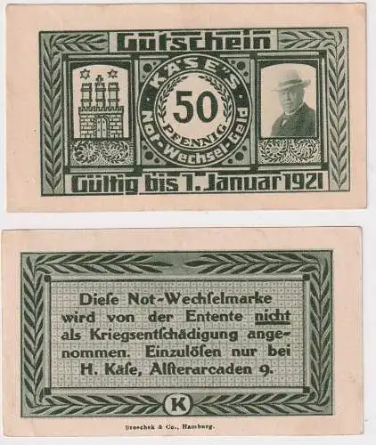 50 Pfennig Banknoten Notgeld Hamburg H.Käse Alsterarcaden 1921 (168428)