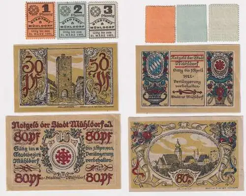 1,2,3,30 & 80 Pfennig Banknoten Notgeld Stadtrat Mühldorf 1921 (168412)