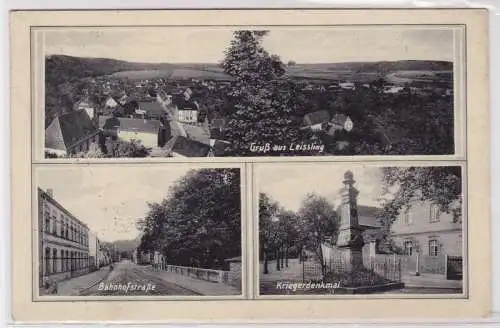 91714 AK Gruß aus Leissling - Bahnhofstraße, Kriegerdenkmal & Panorama Bahnpost