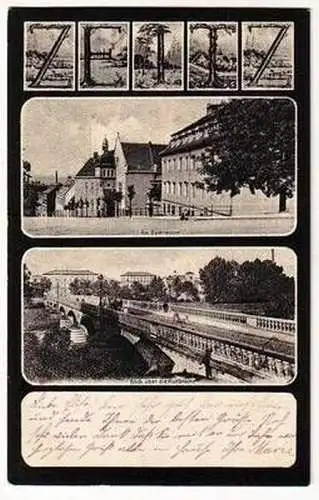 56996 Ak Zeitz am Gymnasium und Blick über die Auebrücke 1905