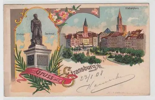 68662 Ak Lithographie Gruß aus Strassburg im Elsass Kleberplatz 1908