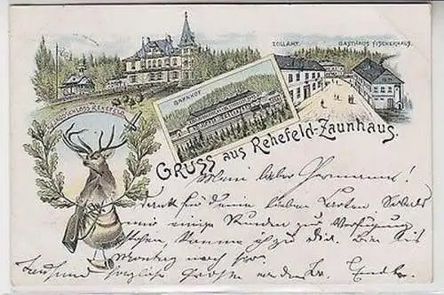 62044 Ak Lithographie Gruß aus Rehefeld Zaunhaus Bahnhof usw. 1898