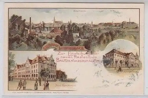 59334 Ak Lithographie Zur Einweihung der neuen Realschule Bautzen 1901