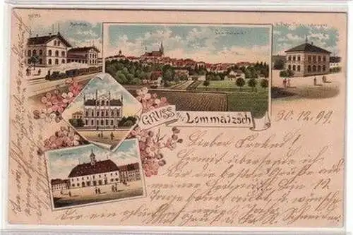 59351 Ak Lithographie Gruß aus Lommatzsch Bahnhof usw. 1900