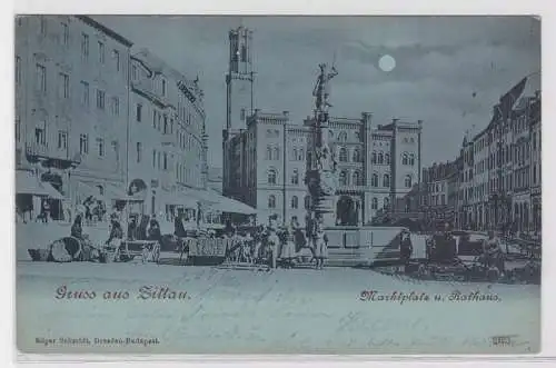 83412 Mondscheinkarte Gruß aus Zittau Marktplatz und Rathaus 1900