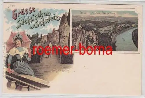 79208 Ak Lithographie Grüße aus der sächsischen Schweiz Bastei Brücke um 1900