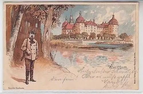 62655 Künstler Postkarte Sachsen König vor Schloss Moritzburg 1898