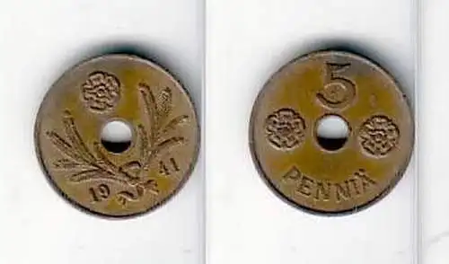 5 Penniä Kupfer Münze Finnland 1941 Lochmünze