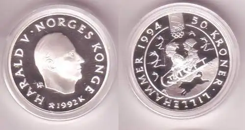 50 Kronen Silber Münze Norwegen Olympiade Lillehammer 1992