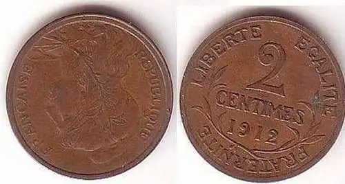 2 Centimes Kupfer Münze Frankreich 1912