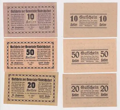 3 Banknoten 10,20 und 50 Heller Notgeld Gemeinde Andrichsfurt (119652)