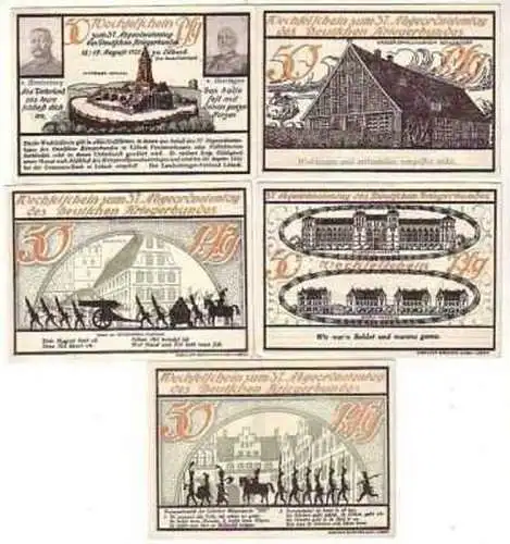 5 Banknoten Notgeld Deutscher Kriegerbund Lübeck 1921