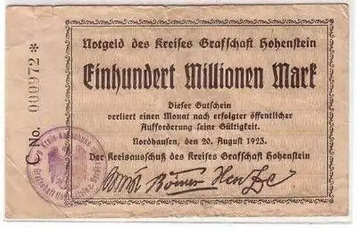 Banknote 100 Millionen Mark Kreis Grafschaft Hohenstein Nordhausen 20.08.1923