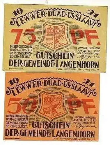 2 Banknoten Notgeld Gemeinde Langenhorn 1922