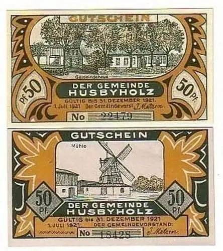 2 Banknoten Notgeld Gemeinde Husbyholz 1921