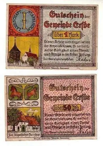 2 Banknoten Notgeld Gemeinde Erfde um 1920