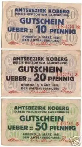 3 Banknoten Notgeld des Amtsbezirk Koberg 1921