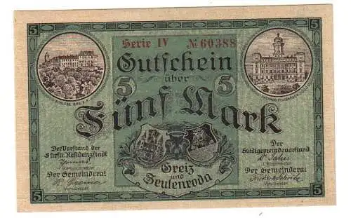 5 Mark Banknote Groß-Notgeld der Städte Greiz Zeulenroda 1918