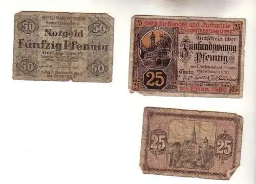 3 Banknoten Notgeld der Stadt Greiz 1919-1920