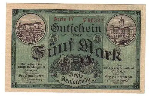 5 Mark Banknote Groß-Notgeld der Städte Greiz Zeulenroda 1918