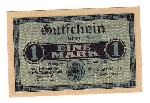 1 Mark Banknote Groß-Notgeld der Städte Greiz Zeulenroda 1918