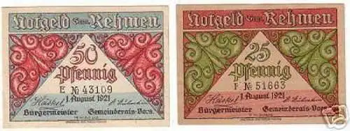 2 Banknoten Notgeld der Gemeinde Rehmen 1921