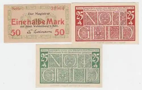 3 Banknoten Notgeld Stadt Waldenburg in Schlesien 1920