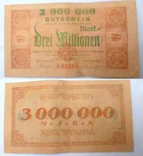 Banknote Inflation Stadt Dresden 3 Millionen Mark 1923