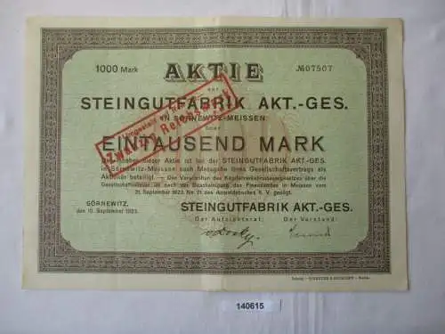 1000 Mark Aktie Steingutfabrik AG Sörnewitz 15. September 1923 (140615)