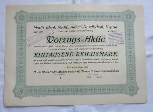 1.000 RM Aktie Moritz Blank Nachf. AG Leipzig 19.02.1925 (146832)