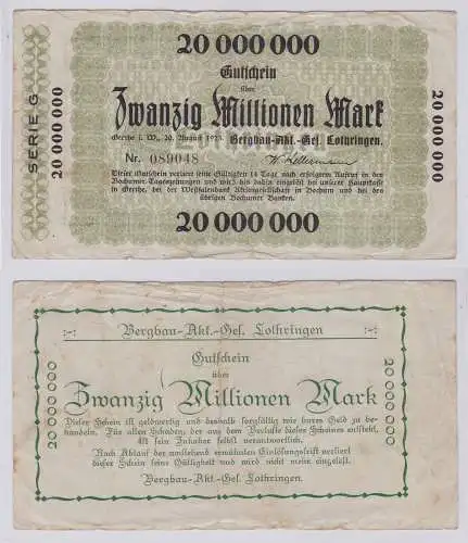 20 Millionen Mark Banknote Gerthe i.W. Bergbau AG Lothringen 20.8.1923 (126544)