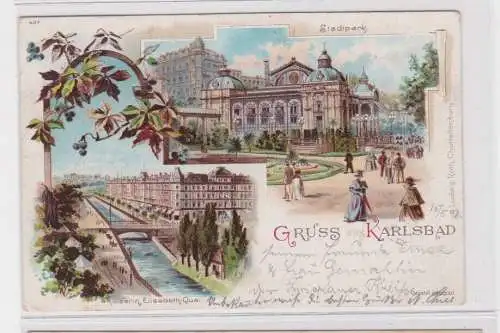 907923 Lithographie Ak Gruss aus Karlsbad - Stadtpark, Kaiserin Elisabth-Quai