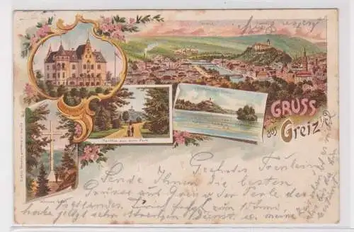 908049 Lithographie Ak Gruss aus Greiz - Parksee mit Schloss, Totale, Oddfellow