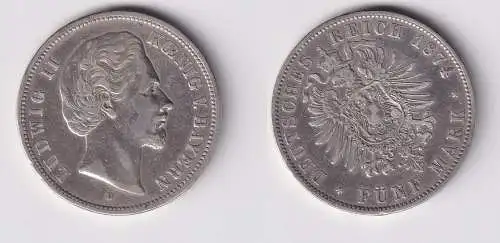 5 Mark Silbermünze Bayern König Ludwig II 1874 D Jäger 42 ss  (165423)