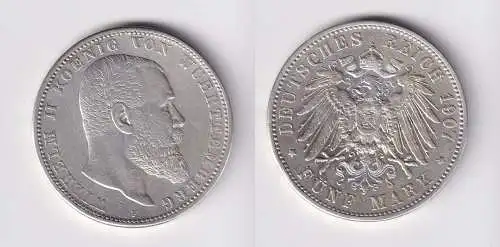 5 Mark Silber Münze Württemberg König Wilhelm II 1907 ss (165378)