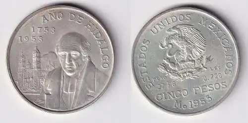 5 Pesos Silber Münze Mexiko Ano de Hidalgo 1953 ss+ (165630)