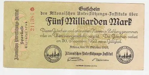 5 Milliarde Mark Banknote Altona Unterstützungs Institut 10.10.1923 (115603)