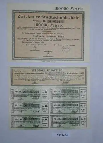 100000 Mark Zwickauer Stadtschuldschein 14.August 1923 + Zinsleiste (131127)