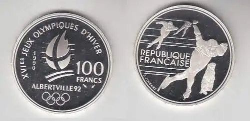 100 Franc Silbermünze Frankreich Olympia 1992 Albertville Eisschnellauf (116638)